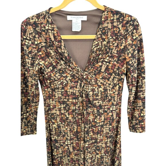 Evan-Picone Women's Sz 4 Brown Geometric Print V-Neck Dress Twisted Bust Detail - Picture 3 of 9